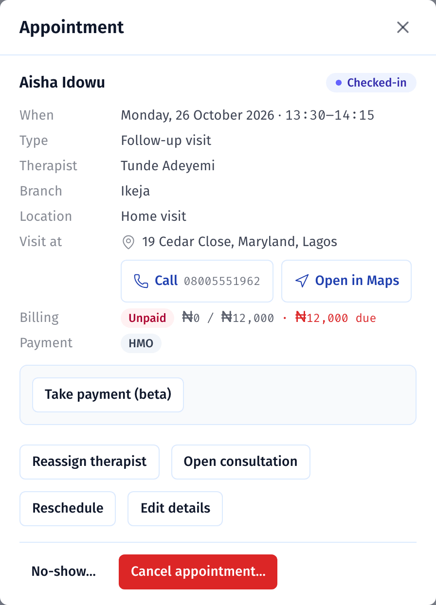 The appointment panel for a home visit, with the address, Call and Open in Maps