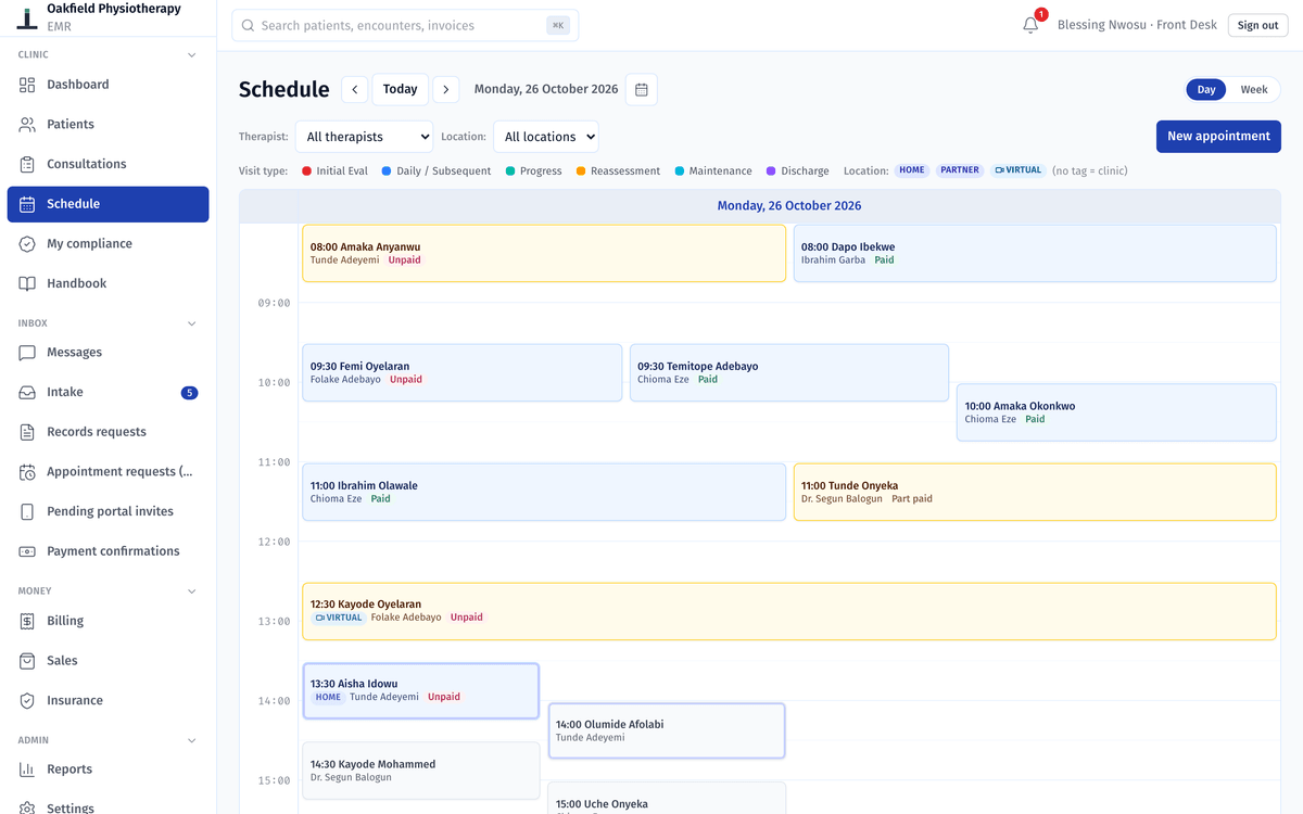The Stator schedule for one day, every physio's bookings in columns, with a home visit and a video session among the clinic visits