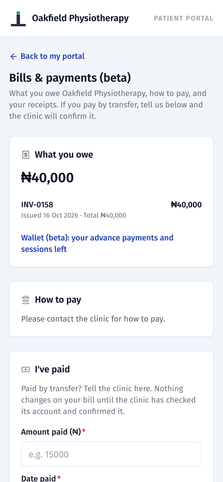 Bills and payments in the patient app, with what the patient owes and the I've paid form